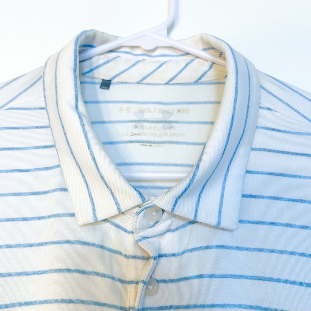 Under Armour Blue White Striped Short Sleeve Polo Golf Shirt Three Button Collar - Picture 4 of 6